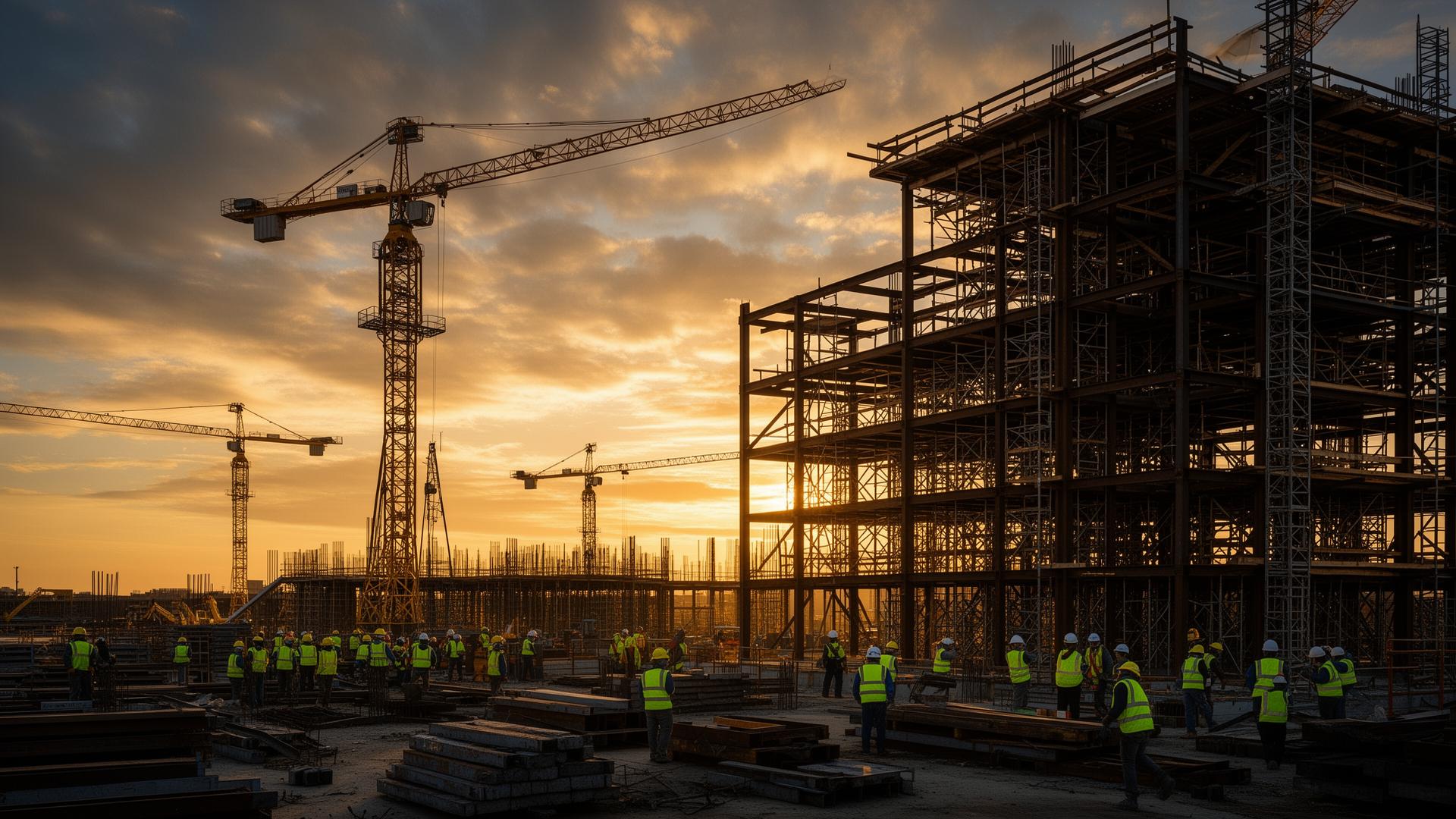 Atlas Group active construction site with tower cranes and steel framework at golden hour